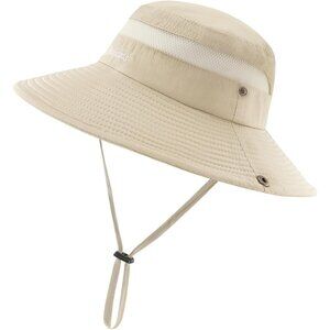 Unisex Beige Soft Polyester Wide Brim Mesh Vent Chin Strap Classic Cowboy Hat